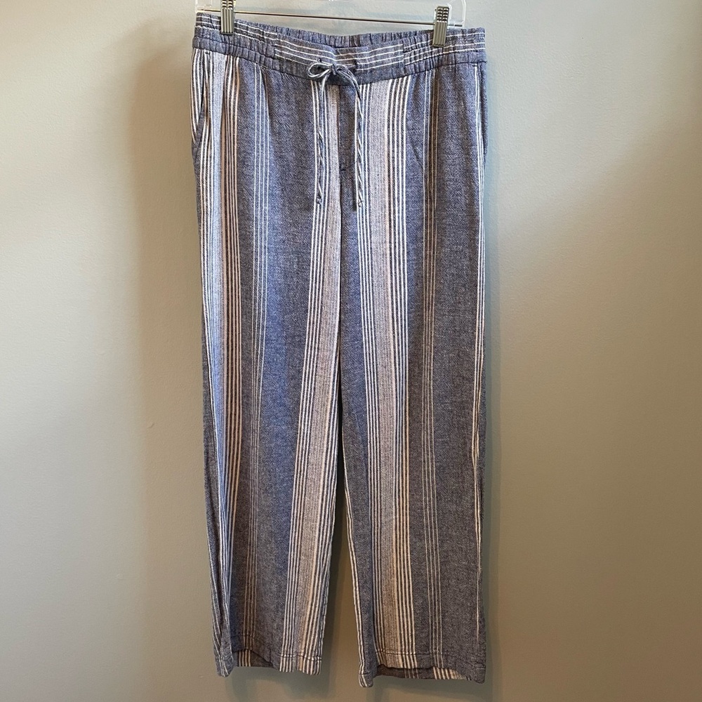 Old Navy Linen Blend Blue & White Striped Pants Size S Coastal Beachy Nautical